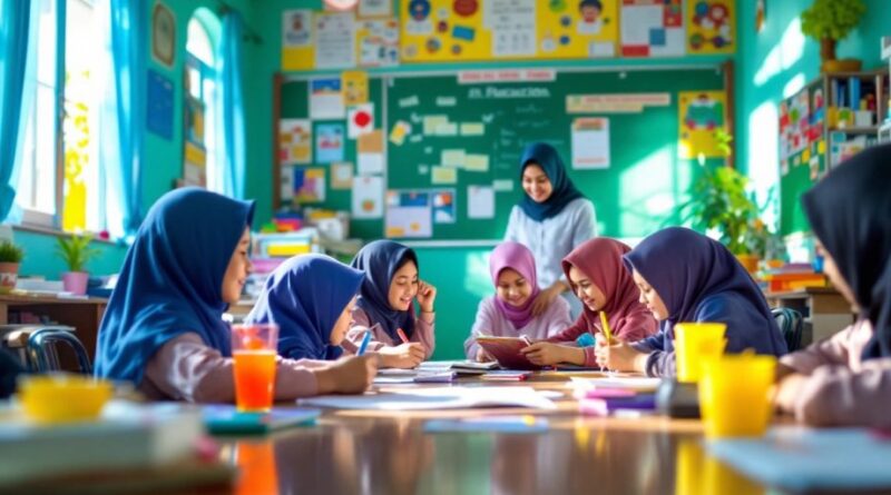 Kelas yang cerah dengan siswa dan guru yang terlibat.