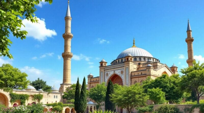 Masjid kuno dikelilingi pepohonan hijau dan langit biru.