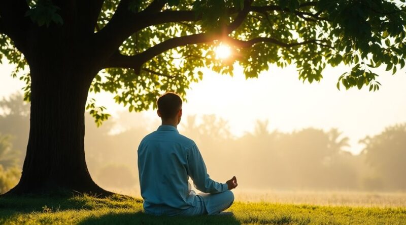 Seseorang meditasi di bawah pohon dengan cahaya lembut.